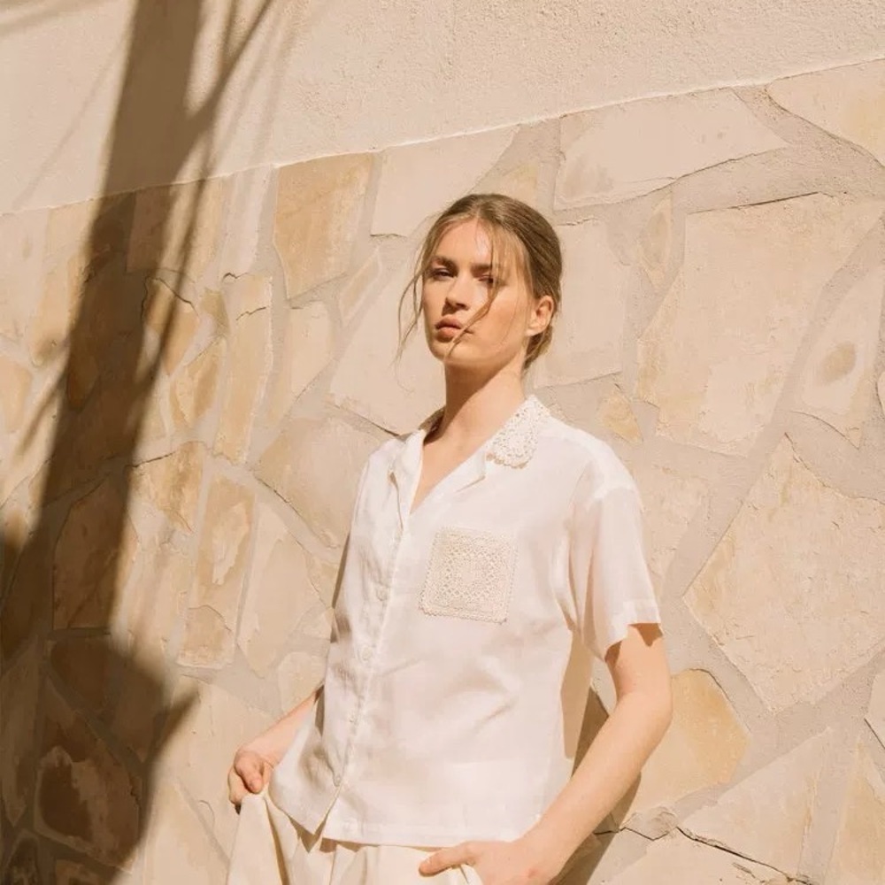 Indi & Cold White Crochet Pocket Shirt